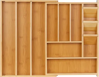 Produktbild von Relaxdays Besteckkasten, ausziehbar, 8–11 Fächer, HxBxT: 5,5 x 32–54 x 42 cm, Bambus & MDF, Schubladeneinsatz, natur
