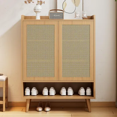 Obrázek produktu pro Ratanový botník se 2 dvířky a 5 policemi, dřevěné úchyty, 80 × 105 × 35 cm
