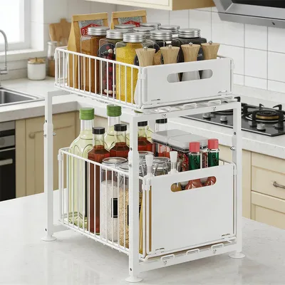 A white two-tier kitchen organizer shelf filled with various jars and bottles, placed on a kitchen countertop.