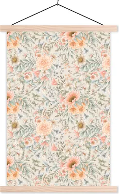 Produktbild von MuchoWow® Textilposter Sommerblumen - Pastell - Muster 120x180 cm mit holzfarbenen Rahmen - Textil-Plakat