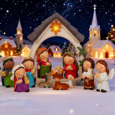 Productafbeelding van Handbeschilderde kerststal van kunsthars - 12-delig - Heilige familie met kind jezus - Maria & jozef