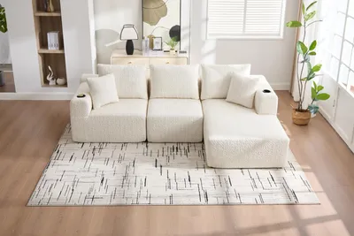 Produktbild von Modulares Ecksofa 261×165 cm – 3-Sitzer L-förmiges Sofa mit Memory-Schaum, Getränkehalter und Tasche, Chenille-Bezug in Beige, keine Montage, tiefes Sitzkomfort-Erlebnis