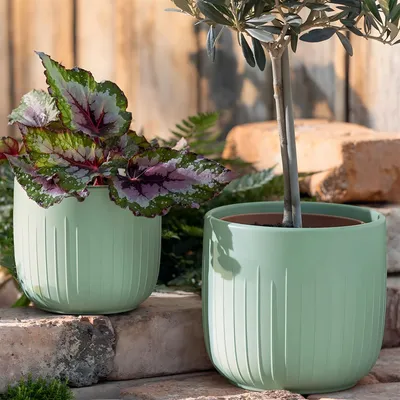 Produktbild von 2x Blumentopf "Mint" aus Dolomitstein, grün, Pflanztopf rund, Ø 14 + 17 cm, Indoor & Outdoor Blumenkübel, Pflanzentopf