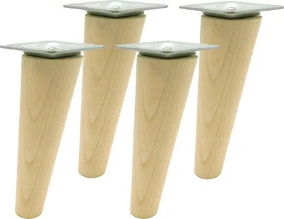Four wooden furniture legs with metal mounting plates are shown against a white background.