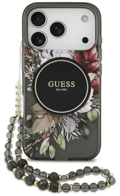 Zdjęcie produktu dla GUESS case passend für IPHONE 17 Pro compatible with MagSafe GUHMP17LHFWBRCESK (IML Flowers with Pearl Strap) black