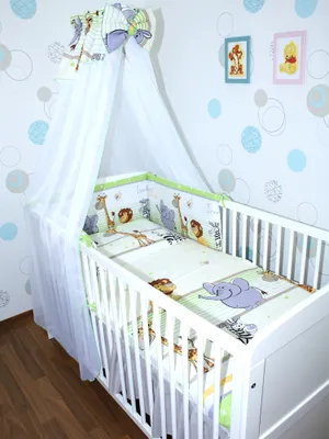 Produktbild von Primawela Baby Bettset - 6 teiliges Set mit Chiffon Himmel Bettwäsche Nestchen 8. Safari Grün