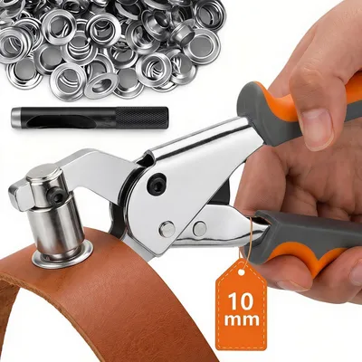 Immagine prodotto di Set di 200 occhielli (diametro interno 10 mm), pressa per occhielli con testina magnetica e sistema a leva, ideale per tessuti e teloni