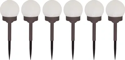 Six LED garden lights with spherical tops and brown stakes.