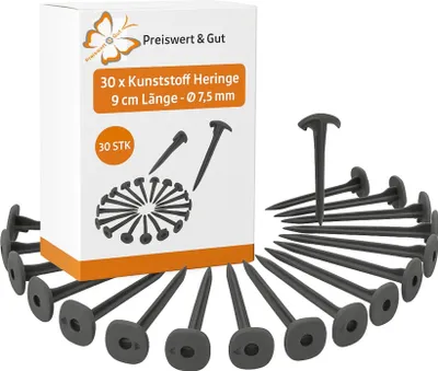 Produktbild von 30x Zeltheringe Befestigung Bodenplanen oder Zeltteppich Schwarz L 9cm Ø 7,5mm Campingzubehör Heringe aus Kunststoff