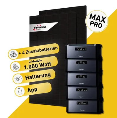 Produktbild von Balkonstrom Balkonkraftwerk 1000W Solaranlage mit Speicher | 4xZusatzspeicher | Fassadenhalterung 90Grad | 2xSolarmodul | Hoymiles AC1920 | Kabel 5m