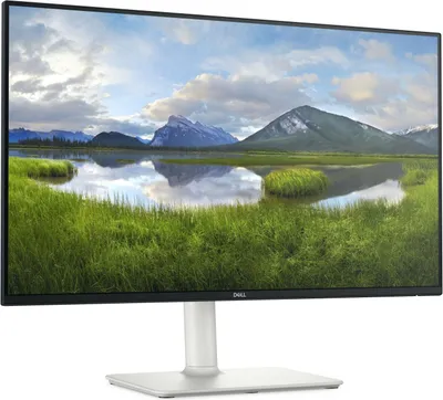 A Dell monitor displaying a landscape image, placed on a stand.