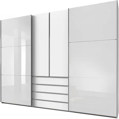Produktbild von Kleiderschrank 300cm breit weiß, Schwebetüren mit Glasfronten, MIDLAND-43