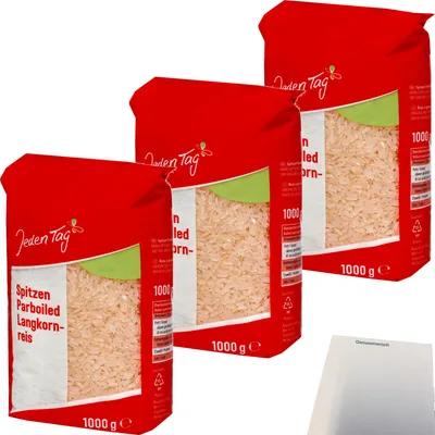 Produktbild von Jeden Tag Spitzenlangkorn Reis Parboiled 3er Pack (3x1kg Packung) + usy Block