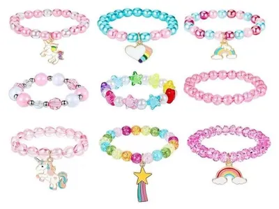 Produktbild von 9 Stück Armband Kinder Mädchen Bunte Perlen Freundschaftsarmband Einhorn Meerjungfrau Krone Regenbogen Kinderschmuck Mitgebsel Kindergeburtstag Geschenk für Mädchen