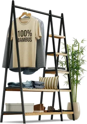 Imagen del producto de Perchero, barra para colgar ropa, soporte para abrigos, 44 x 110 x 160 cm, armario, estante para zapatos, armario abierto, 7 estantes, dormitorio, pasillo, bambú,