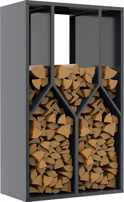 A metal firewood rack filled with logs, shown against a white background.