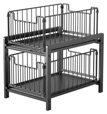 Image de Organisateur de placard extensible - Étagère à deux niveaux pour placard sous l'évier - Rails coulissants - Cuisine et salle de bain - Panier en acier avec tiroirs - Noir