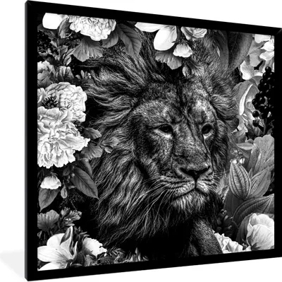 Produktbild von MuchoWow® Gerahmtes Poster Löwe - Blumen - Blatt - Schwarz - Weiß 40x40 cm - Poster mit Schwarzem Bilderrahmen Wandposter Rahmen Foto Bilder - Mit Rahmen - Wanddekoration Schlafzimmer
