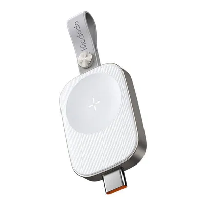 A white and gray compact USB-C charger for Apple Watch, shown against a white background.