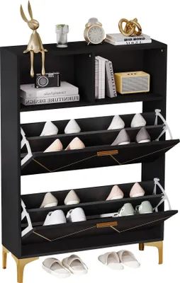 Produktbild von Sweiko 80x25x117cm Schuhschrank mit 2 unteren Klapptüren,Flur-Schuhschrank mit 4 Schuhablagefächern,Schrank mit 2 halboffenen Ablageflächen,Sideboard, Wohnzimmerschrank,Erhöhtes Tischbeindesign,MDF+Metall