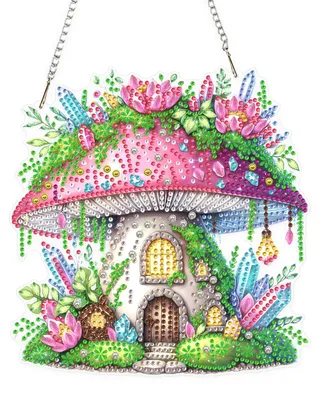 Produktbild von Diamond Painting Anhänger Set - 5D Diamant Malerei Bastelset für Fenster Wand und Tür - Pilzhaus und Blumen Motive
