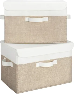 Produktbild von Aufbewahrungsboxen mit Deckel, 2er-Set, Stoff, faltbar, für Kleiderschrank, Organizer, Weiß und Khaki