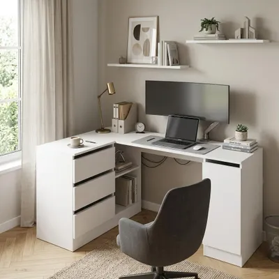 Zdjęcie produktu dla ULWEHOME Biurko Narożne Bezuchwytowe Białe Mat Uniwersalne Lewe Prawe z Szufladami Szafką Duże 155x85 cm Komputerowe Biurowe do Pokoju Ucznia Stolik