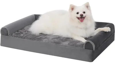 Produktbild von Orthopädisches Hundebett mit 3 erhöhten Rändern, abnehmbarer Bezug, waschbar, rutschfeste Unterseite, Grau, 75x47x16cm