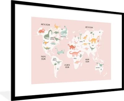 Produktbild von MuchoWow® Gerahmtes Poster Weltkarte - Kinder - Dinosaurier 90x60 cm - Poster mit Schwarzem Bilderrahmen Wandposter Rahmen Foto Bilder - Wanddekoration - Fotos