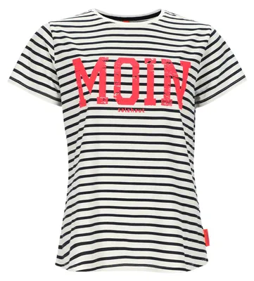 Produktbild von Salzhaut Damen T-Shirt Steentje mit Moin-Print - Modisches Kurzarm-Shirt mit Rundhalsausschnitt in Navy Offwhite-Neon Pink Größe S