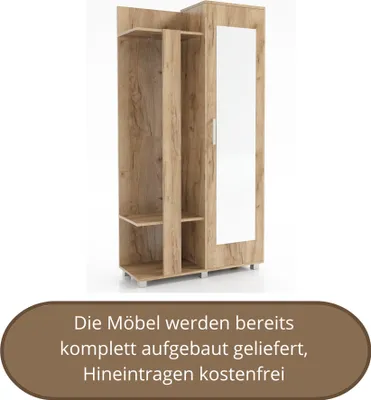 Produktbild von Garderobenset KARO, Garderobenpaneel, Kompaktgarderobe, Flurmöbel, mit Spiegel, Farbe: Goldene Eiche, Seite: rechts