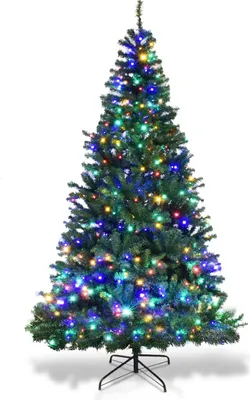 A decorated artificial Christmas tree with LED lights on a white background.