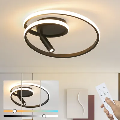 A modern LED ceiling light with a spiral design and a spotlight, shown on a white ceiling. Below, there are visual representations of different light color temperatures and brightness levels, along with a remote control.