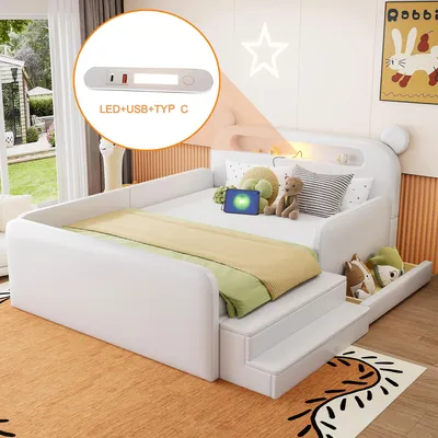 Produktbild von Flieks Kinderbett 140x200cm mit Nachtlicht, Polsterbett mit USB und Schublade, Kinder Schlafsofa Tagesbett mit Treppe, Doppelbett PU, Weiß