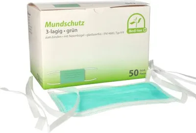 Produktbild von "Medi-Inn" Mundschutz Type IIR 3-lagig 9 cm x 17,5 cm grün mit Nasenbügel, zum Binden