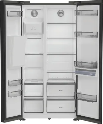 The interior of an open refrigerator and freezer.