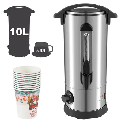 Immagine prodotto di Eikuavons, bollitore per vin brulé da 10 litri, 1500W, colore argento, distributore di bevande calde con erogatore e 10 bicchieri