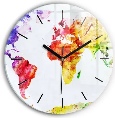 Produktbild von Wallfluent Wanduhr – Stilles Quarzuhrwerk - Uhr Dekoration Wohnzimmer Schlafzimmer Küche - Zifferblatt mit Striche - schwarze Zeiger - 30 cm - Aquarellierte Weltkarte
