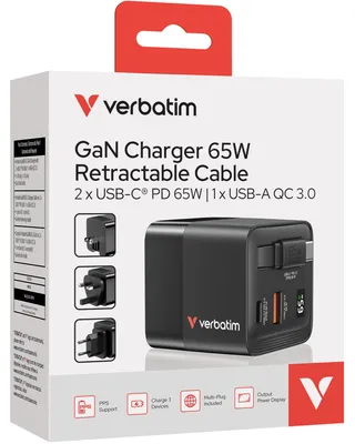 Image de Verbatim Gan Charger 65W 2xUSB-C PD,1xUSB-A, retrac. Cable  32217