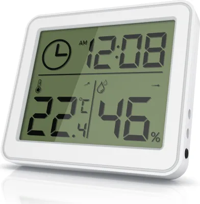Produktbild von BEARWARE - Thermometer Hygrometer - Temperatur und Luftfeuchtigkeit – Uhrzeit - gut ablesbare LCD-Anzeige – Magnethalter, Aufhängeöse und Standfuß - inkl. Batterie - weiß