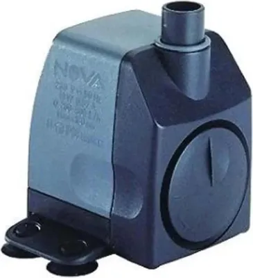 A black and gray submersible water pump with suction cups on the bottom.