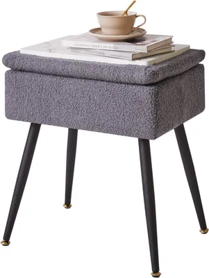 Image de Tabouret de maquillage avec espace de rangement, revêtement en Fourrure artificielle, couleur gris, pieds en métal, idéal pour une chambre
