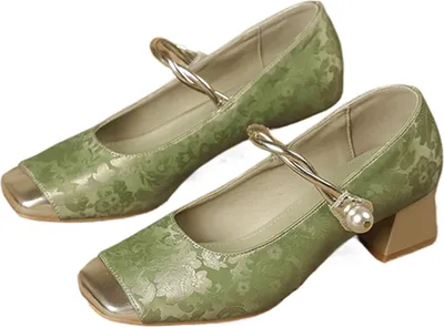 Produktbild von Mary Jane Damen-Schuhe mit 6 cm Blockabsatz – Elegante Brokat-Pumps mit Perlenverzierung, quadratische Zehe & Slip-On Design für Büro, Hochzeit & Party,Grün,38 EU