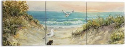 Produktbild von Bild auf Leinwand - Leinwandbild - 3 Teile - Impressionismus Möwen Küste - 150x50cm - Wand Bild - Wanddeko - Wandbilder - Leinwanddruck - Bilder - Wanddekoration - Leinwand bilder - CA150x50-4602