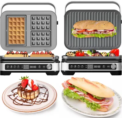 Obrázok produktu pre TurboTronic kontaktný gril 2000 W / vaflovač na belgické vafle – vymeniteľné platne, otvorenie 180°, stolový gril na sendviče, panini a burgre, sendvičovač, vaflovač, toastovač
