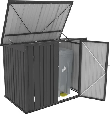 An open trash can storage box with a trash can inside.