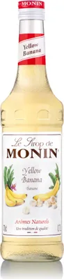 A bottle of Monin Yellow Banana syrup is shown against a white background.