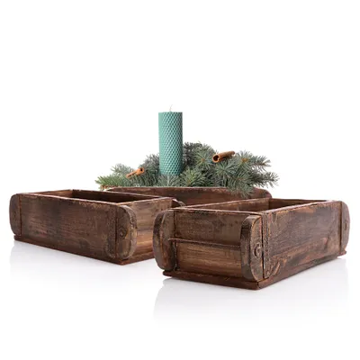 Produktbild von BigDean 3 Stück Ziegelform in Braun 32x14,5x9cm (LxBxH) – rustikale vintage Ordnungsbox mit Metallbeschlägen aus Echtholz – Deko Holzkiste gefertigt