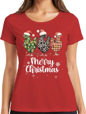 Produktbild von Merry Christmas Hühner Huhn Kariert Karo - Weihnachten Weihnachtsgeschenk Christmas Damen T-Shirt, Rot, M