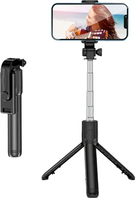 Image de Trépied vidéo en direct, selfie stick, acier inoxydable, pliable, portable, avec télécommande, noir